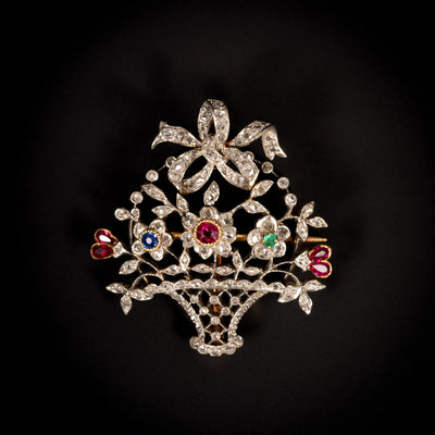 Brooch, flower basket with gemstones - #1