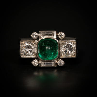 Platinum ring with sugarloaf emerald and diamonds - #1