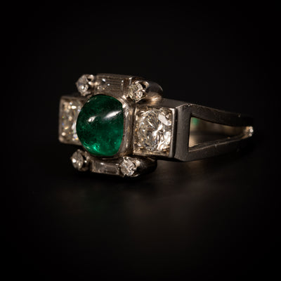 Platinum ring with sugarloaf emerald and diamonds - #2