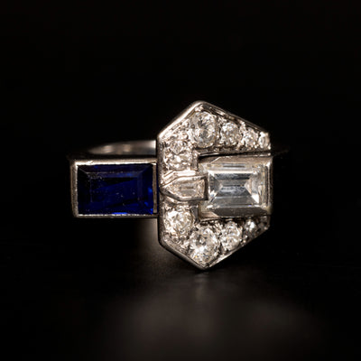 Art Deco buckle ring with sapphire and diamonds - #1