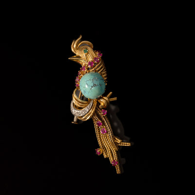 Retro bird brooch with turquoise, rubies and diamonds - #3