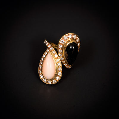 Vintage ring with diamond, onyx and coral - #1