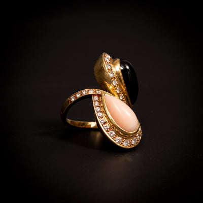 Vintage ring with diamond, onyx and coral - #4