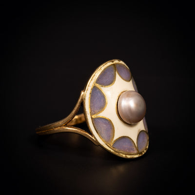 Art Nouveau ring with window enamel and bouton pearl - #2