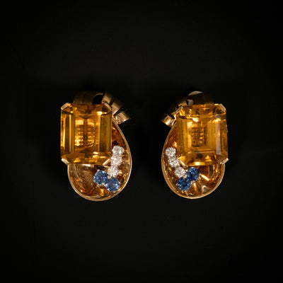 1940s earrings with citrine, diamond and sapphire - #1