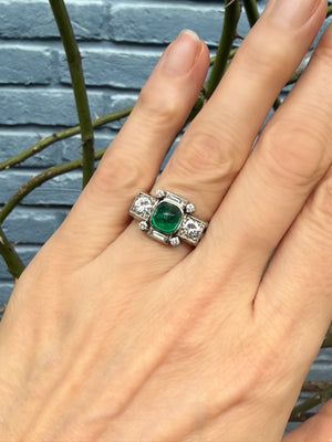 Platinum ring with sugarloaf emerald and diamonds - #6