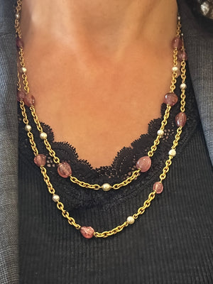 Vintage long gold necklace with tourmaline and pearls - #3